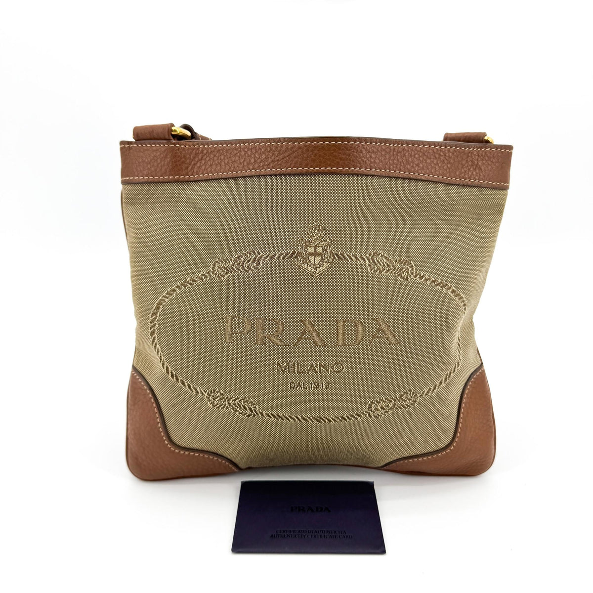 Prada Logo Canvas, Beige, Canvas, Crossbody Bag