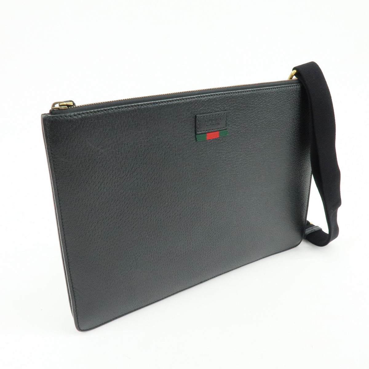 Gucci Web Strap Front Zip Messenger Leather, Black, Leather, Handbag