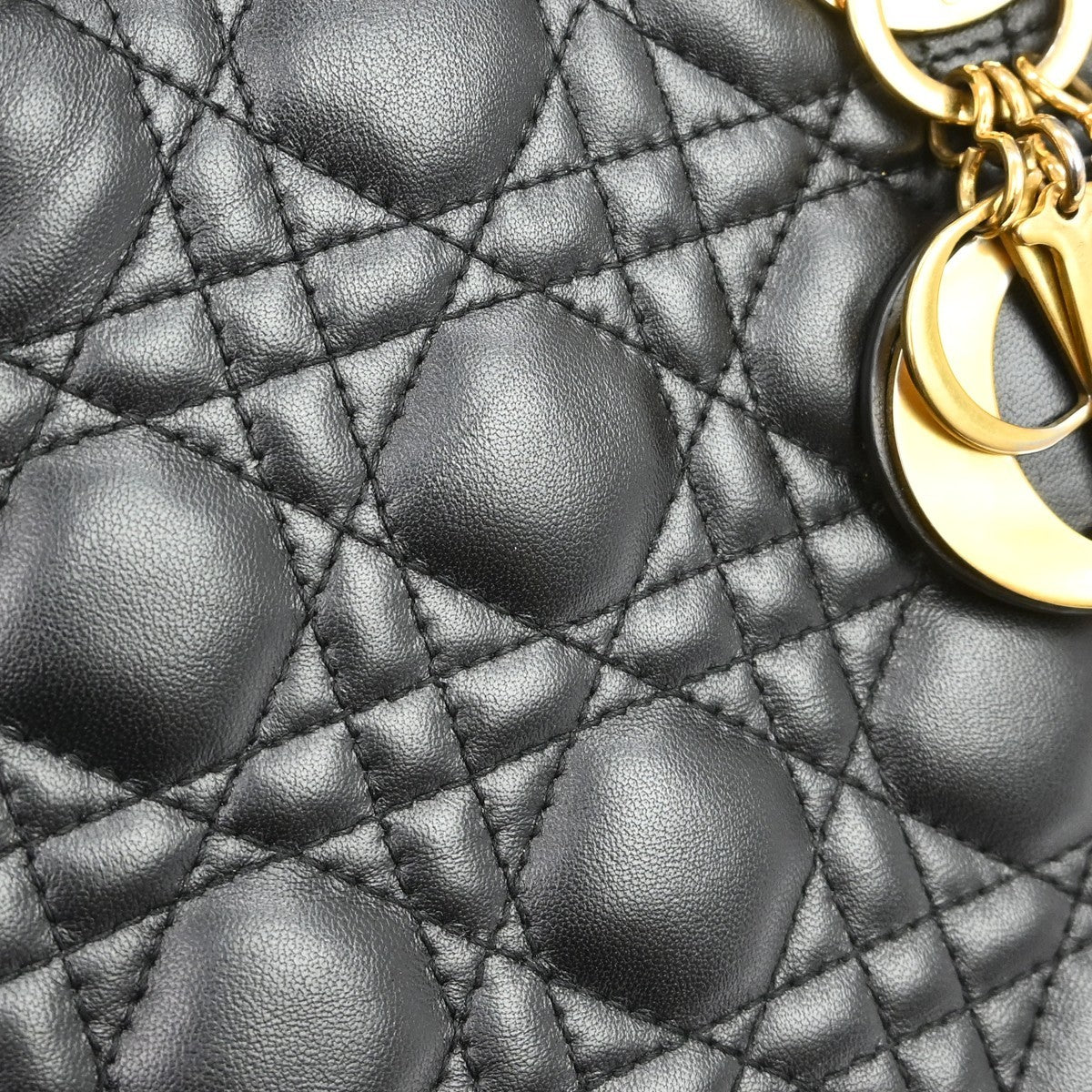 Christian Dior Lady Dior Cannage Quilt Lambskin, Black, Leather, Handbag