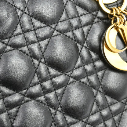 Christian Dior Lady Dior Cannage Quilt Lambskin, Black, Leather, Handbag