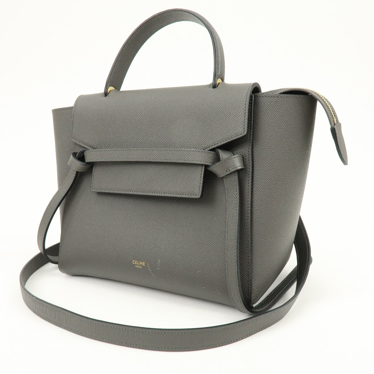 Celine Belt Textured Leather, Gray, Leather, Handbag
