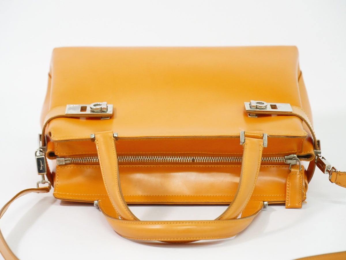 Salvatore Ferragamo Double Gancini Side Buckle Leather, Orange, Leather, Tote Bag