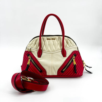 Miu Miu Biker Convertible Dome Satchel Quilted Leather, Red, Leather, Handbag