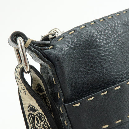 Fendi Vintage Selleria Zip Messenger Leather, Black, Leather, Handbag