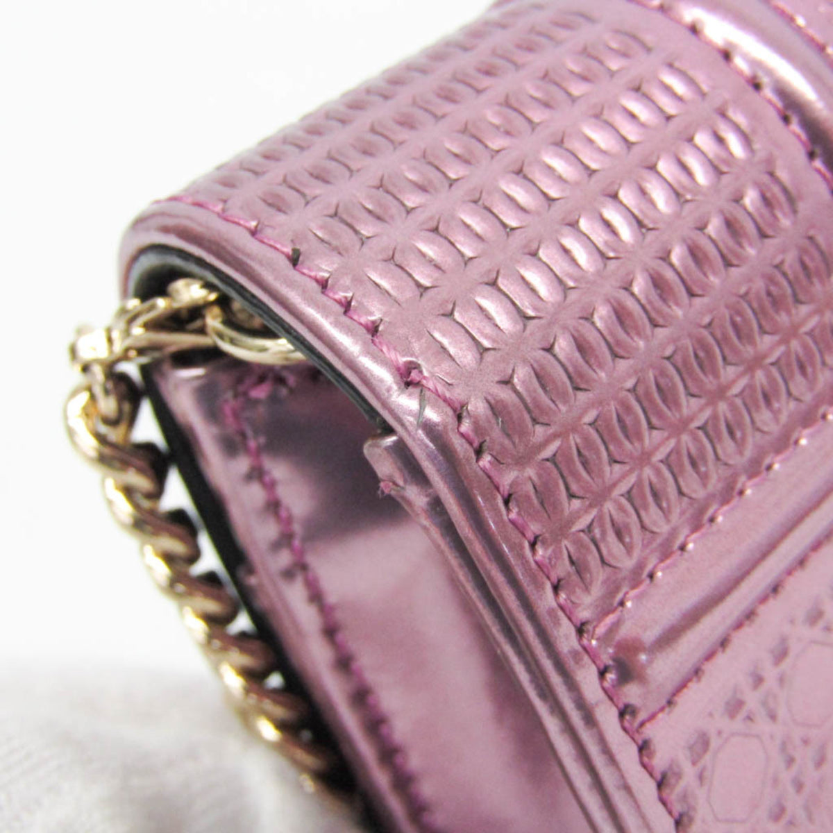 Christian Dior Diorama Wallet on Chain Metallic Distressed Calfskin, Pink, Patent Leather, Crossbody Bag