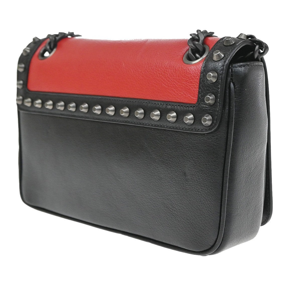 Prada Chain Flap Bag Studded Glace Calf, Red, Leather, Shoulder Bag