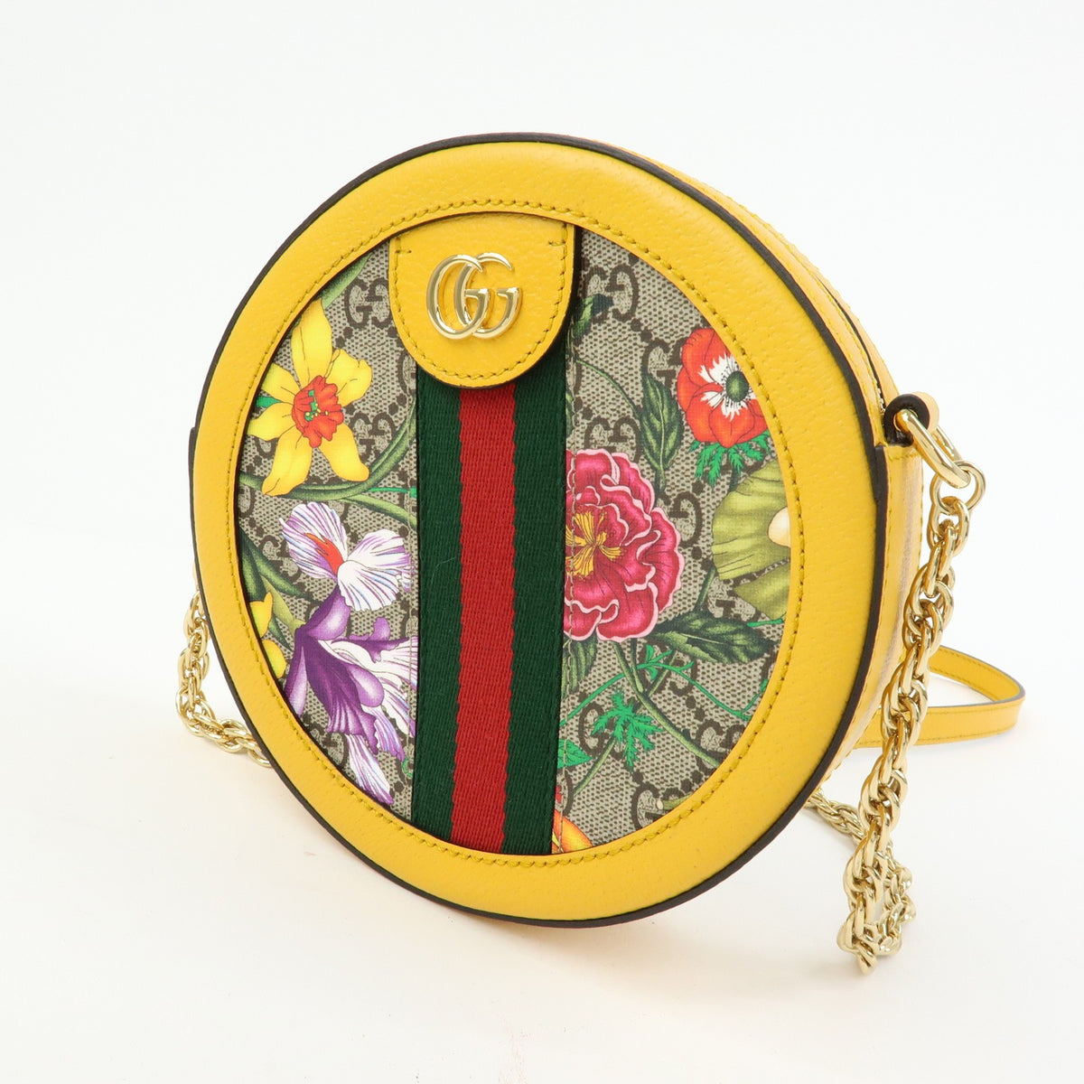 Gucci Ophidia Round Flora GG Coated Canvas, Yellow, Leather, Shoulder Bag