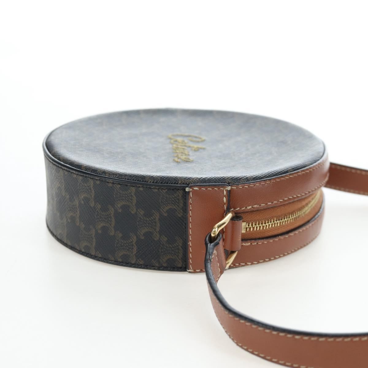 Celine Round Purse on Strap Triomphe Coated Canvas, Black, PVC, Shoulder Bag