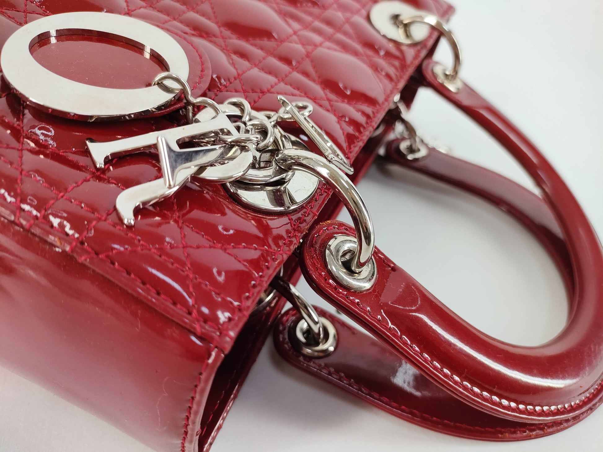 Christian Dior Lady Dior Patent, Red, Patent Leather, Handbag
