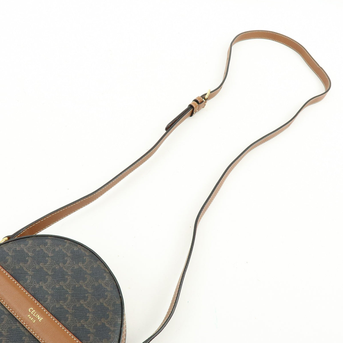 Celine Round Purse on Strap Triomphe Coated Canvas, Brown, Canvas, Crossbody Bag