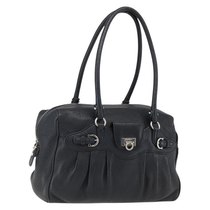 Salvatore Ferragamo Gancini Buckle Leather, Black, Leather, Shoulder Bag