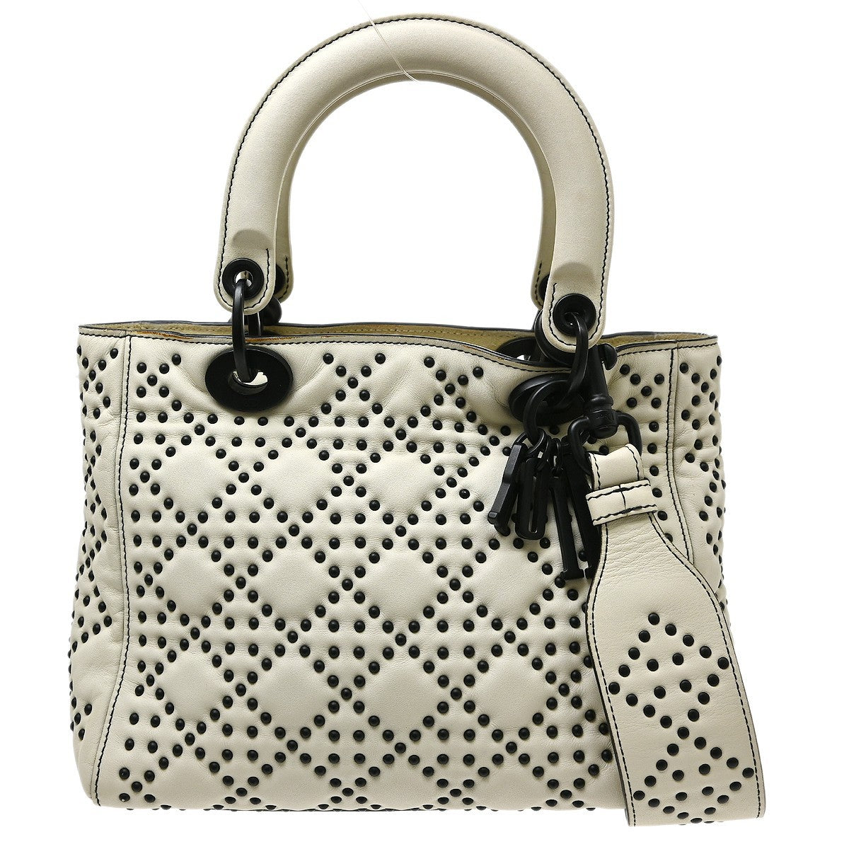 Christian Dior Supple Lady Dior Cannage Studded Lambskin, White, Leather, Handbag