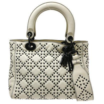 Christian Dior Supple Lady Dior Cannage Studded Lambskin, White, Leather, Handbag