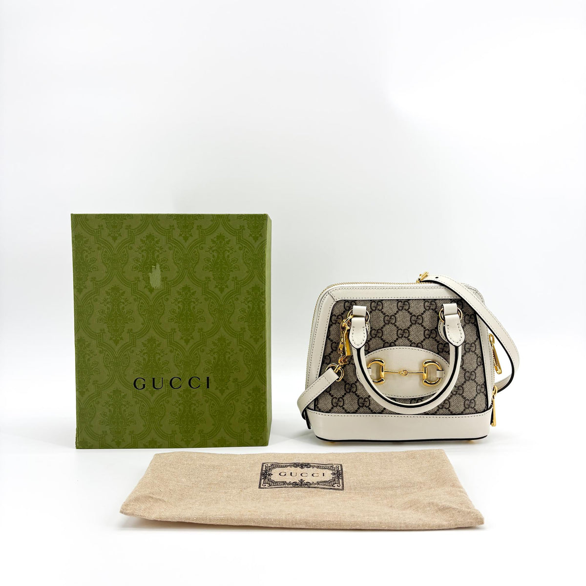 Gucci Horsebit 1955 Top Handle GG Coated Canvas with Leather, Beige, Canvas, Handbag
