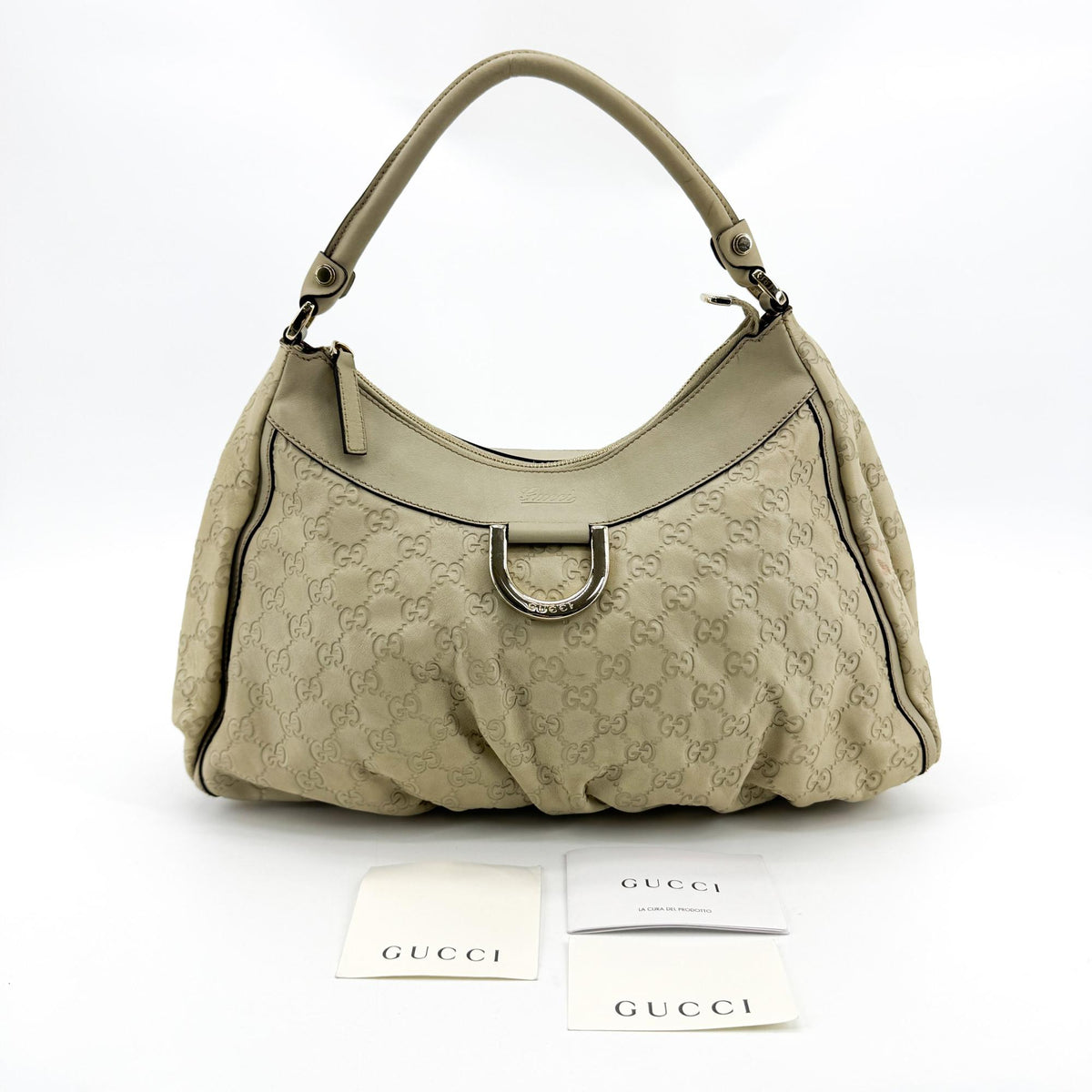 Gucci D Gold Hobo Guccissima Leather, Beige, Leather, Shoulder Bag