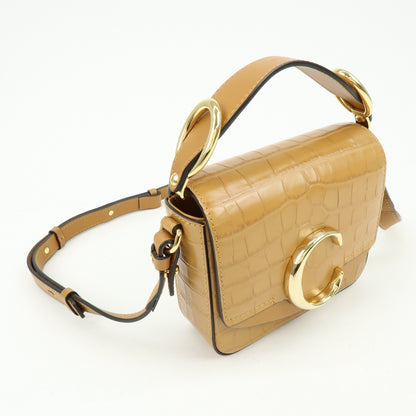 Chloe C Flap Crocodile Embossed Leather, Brown, Leather, Handbag