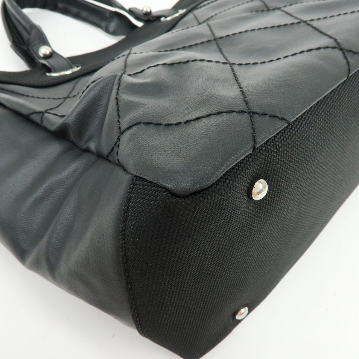Chanel Biarritz Quilted Coated Canvas, Black, Leather, Tote Bag