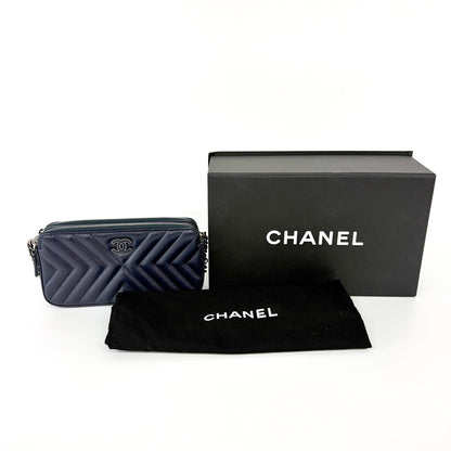 Chanel CC Double Zip Clutch with Chain Chevron Lambskin, Navy, Leather, Clutch