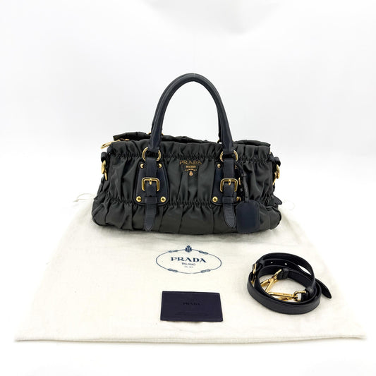 Prada Gaufre Nappa Leather, Gray, Nylon, Tote Bag