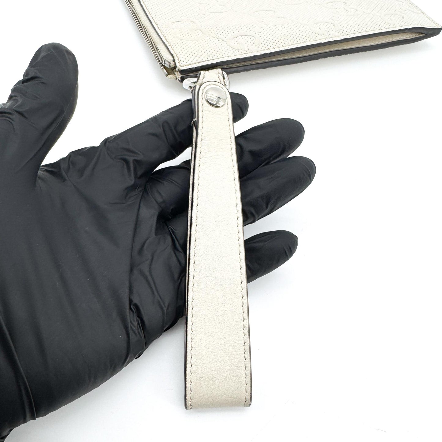 Gucci Wristlet GG Embossed Perforated Leather, White, Leather, Clutch
