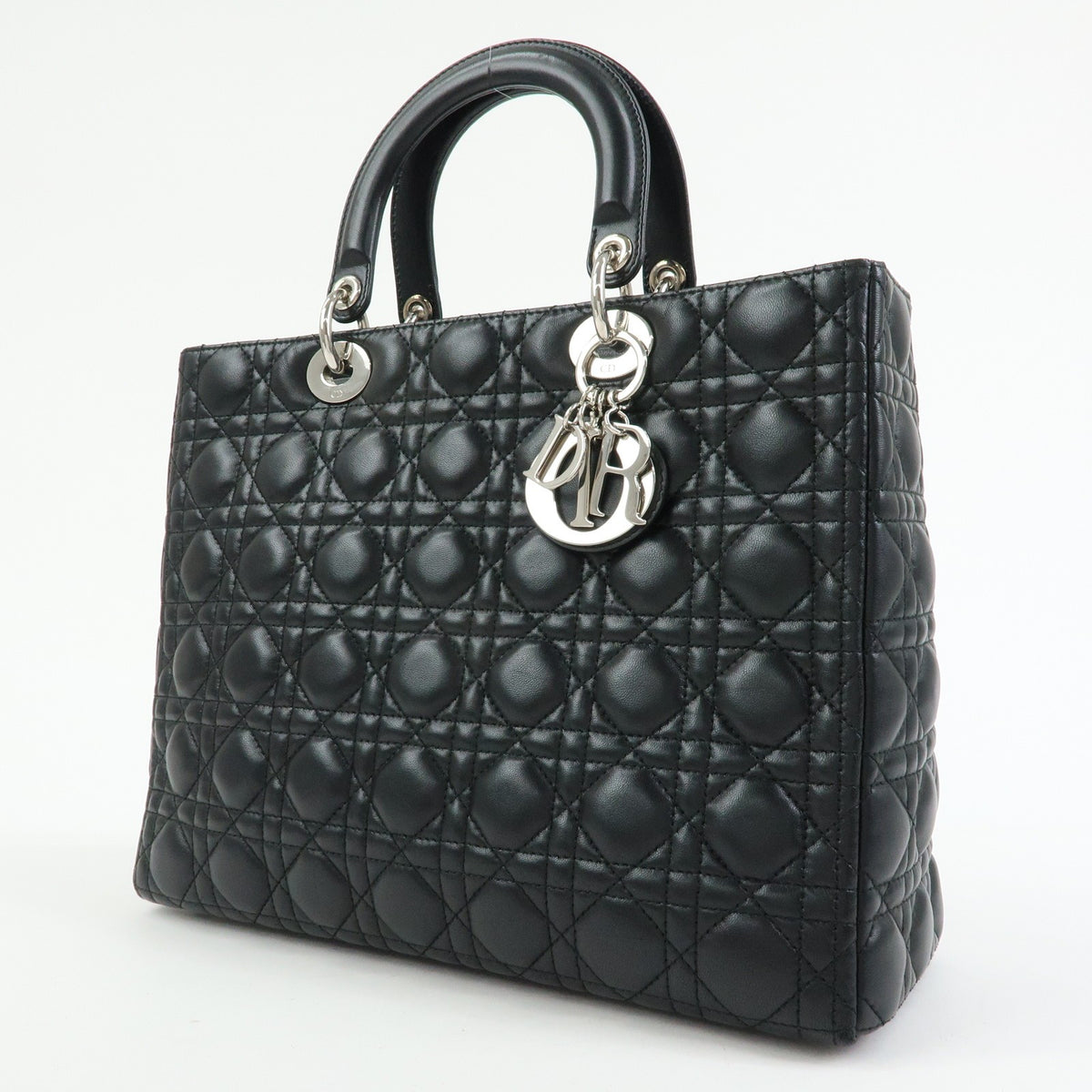 Christian Dior Lady Dior Cannage Quilt Lambskin, Black, Leather, Handbag