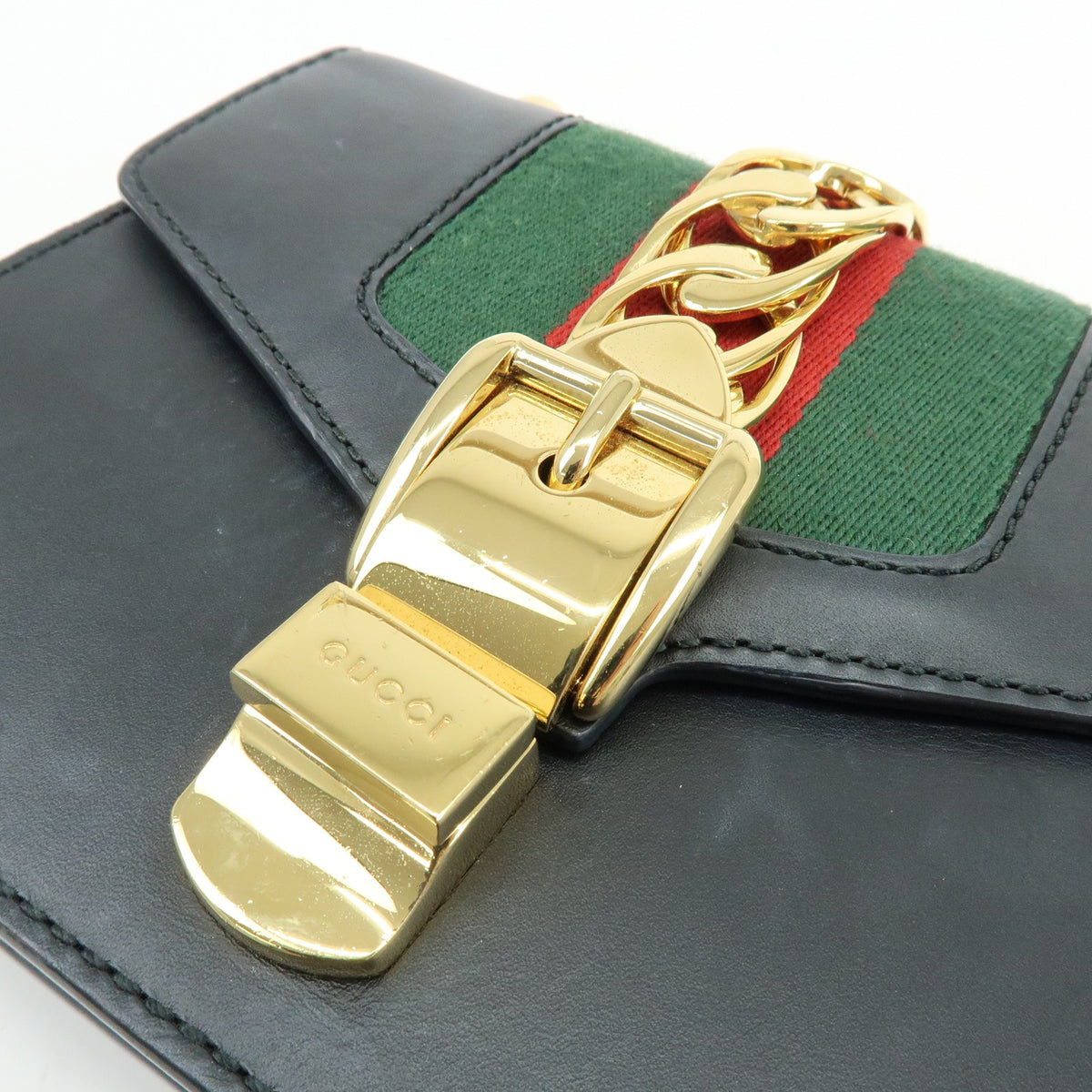 Gucci Sylvie Chain Leather, Black, Leather, Shoulder Bag
