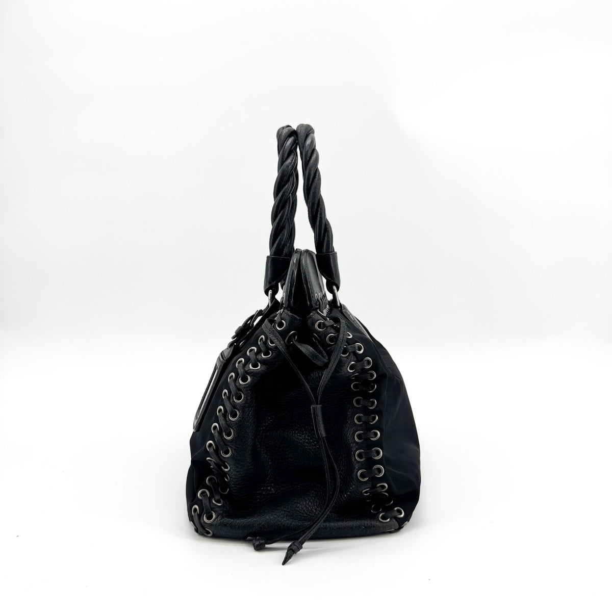 Prada Whipstitch Frame Satchel Tessuto and Leather, Black, Nylon, Handbag
