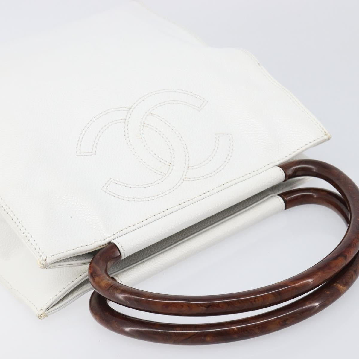 Chanel Vintage Wooden Quilted Caviar, White, Leather, Tote Bag