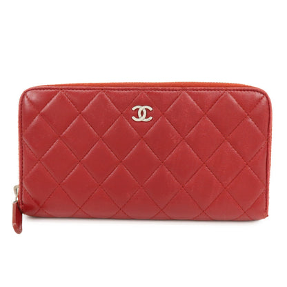 Chanel Zip Around Quilted Lambskin, Red, Leather, Wallet