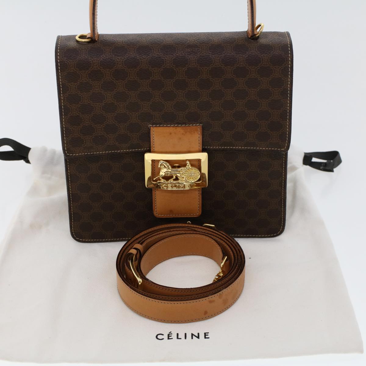 Celine Macadam Handbag Macadam with leather, BROWN, LEATHER, Handbag