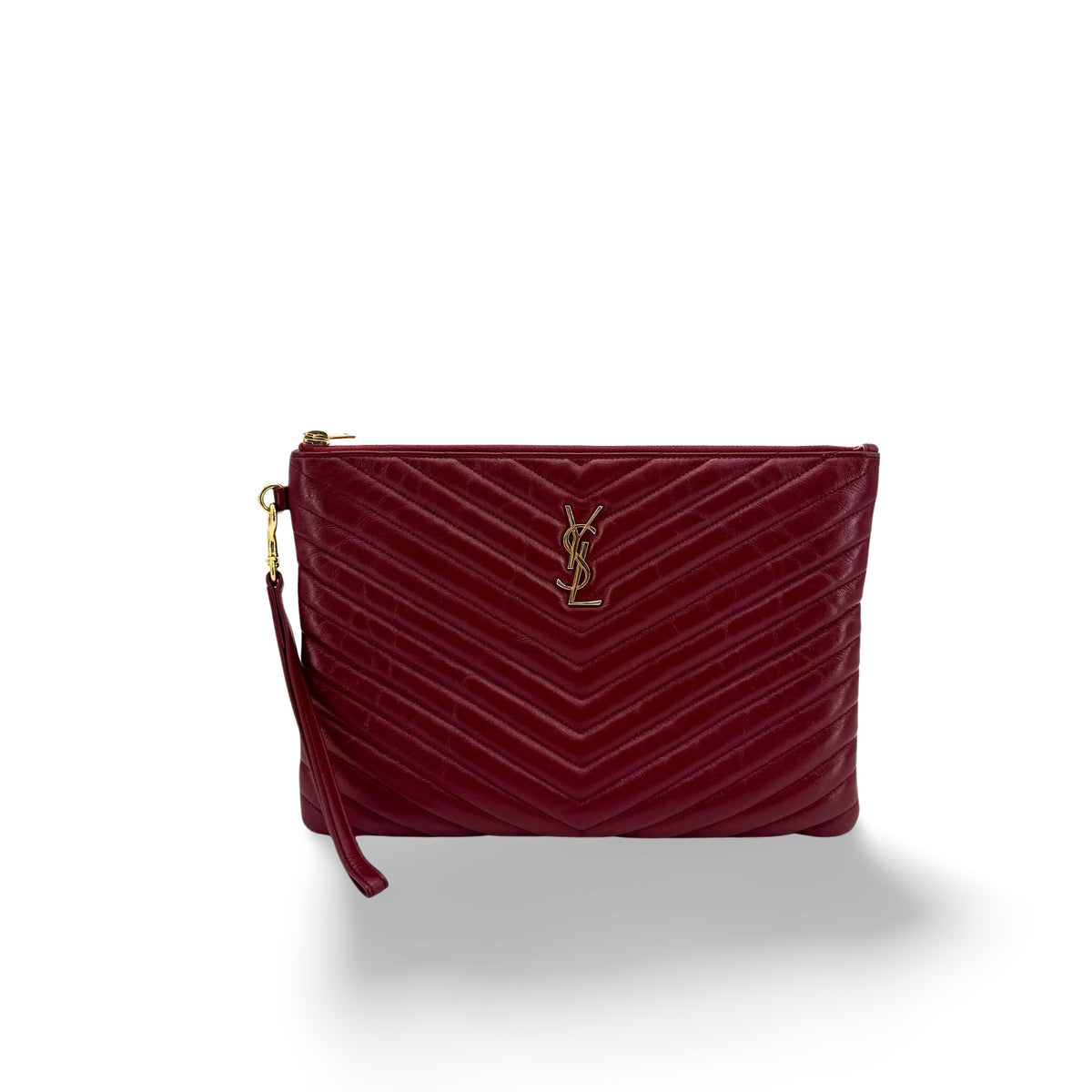 Saint Laurent Classic Monogram Wristlet Matelasse Chevron Leather, Burgundy, Leather, Clutch