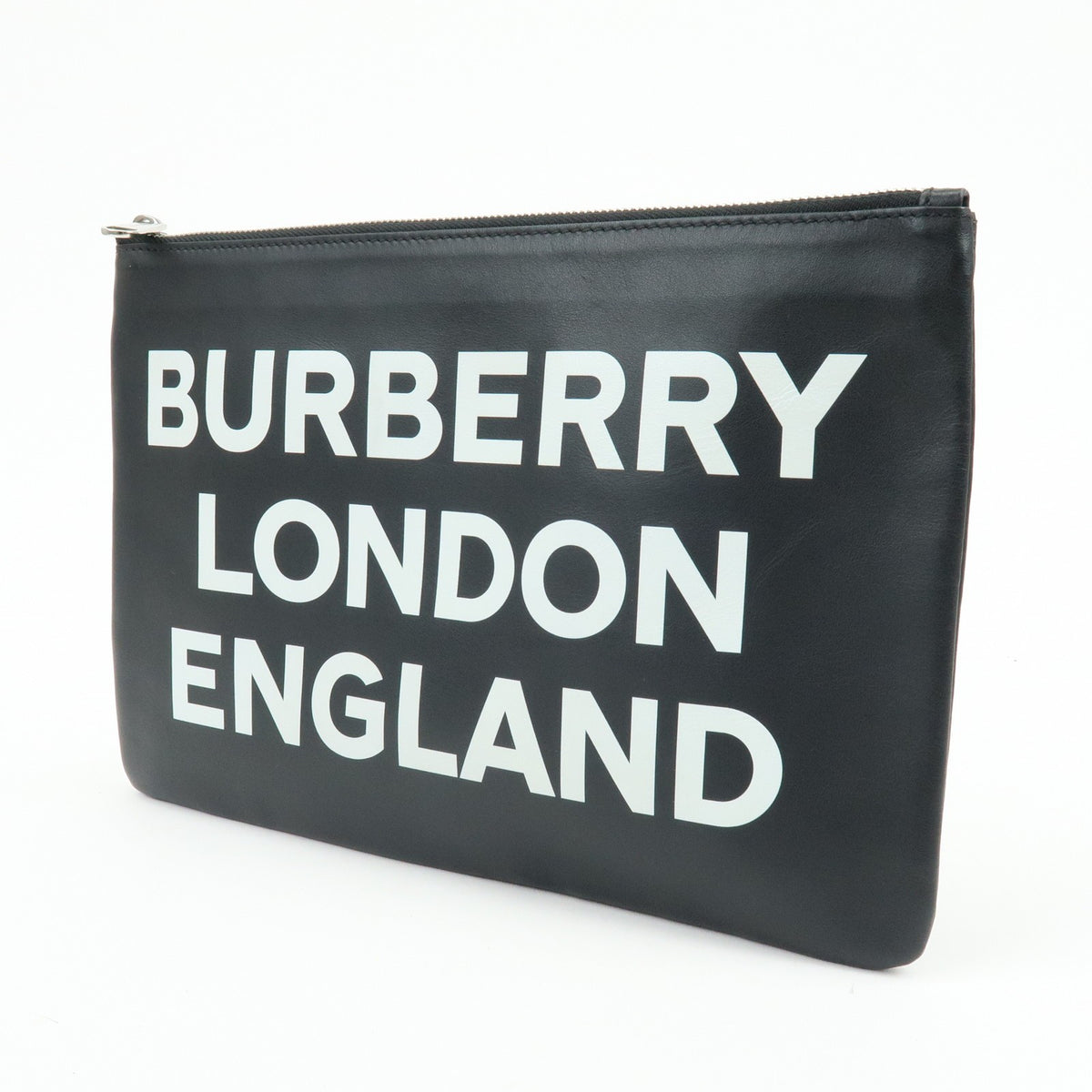 Burberry Logo Zip Printed Leather, Black, Leather, Clutch