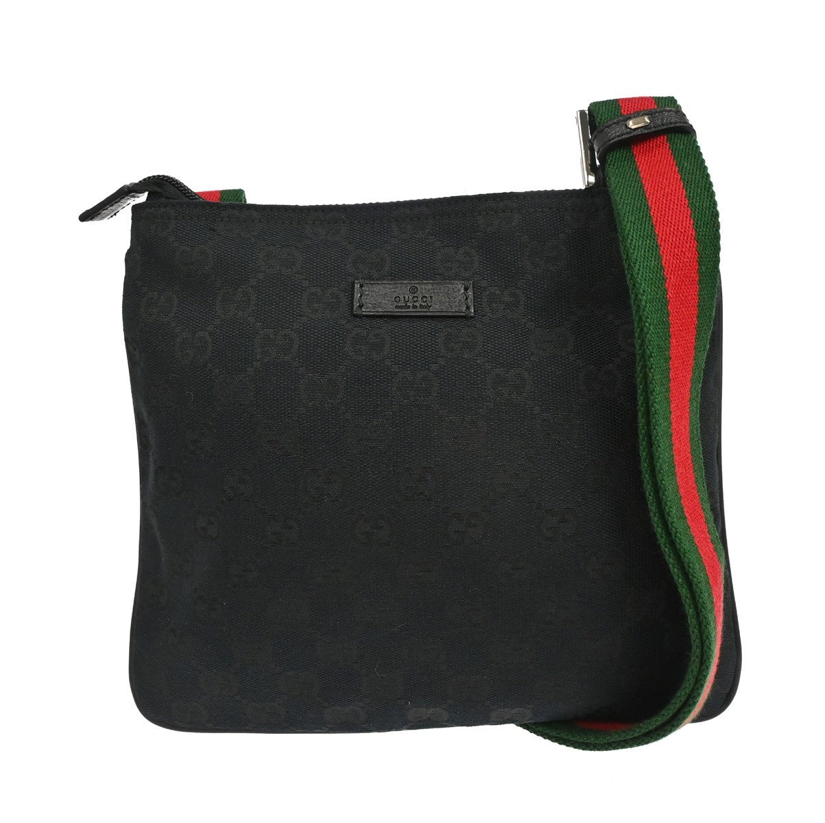 Gucci Web Strap Zip Messenger GG Canvas and leather, Black, Canvas, Shoulder Bag