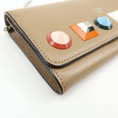 Fendi Continental Wallet on Chain Studded Leather, Beige, Leather, Crossbody Bag