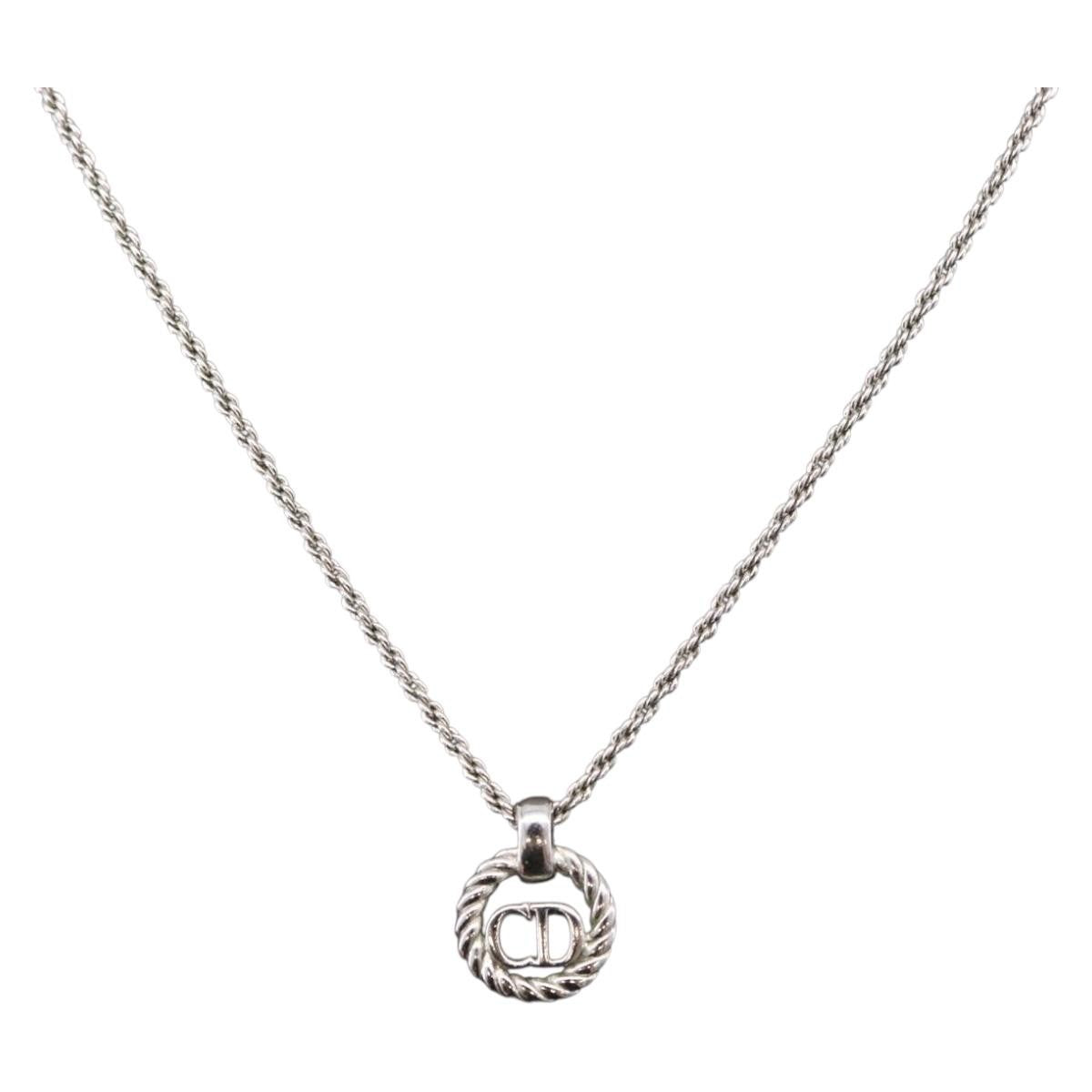 Christian Dior VIntage Circle Pendant Metal, Silver, Metal, Necklace
