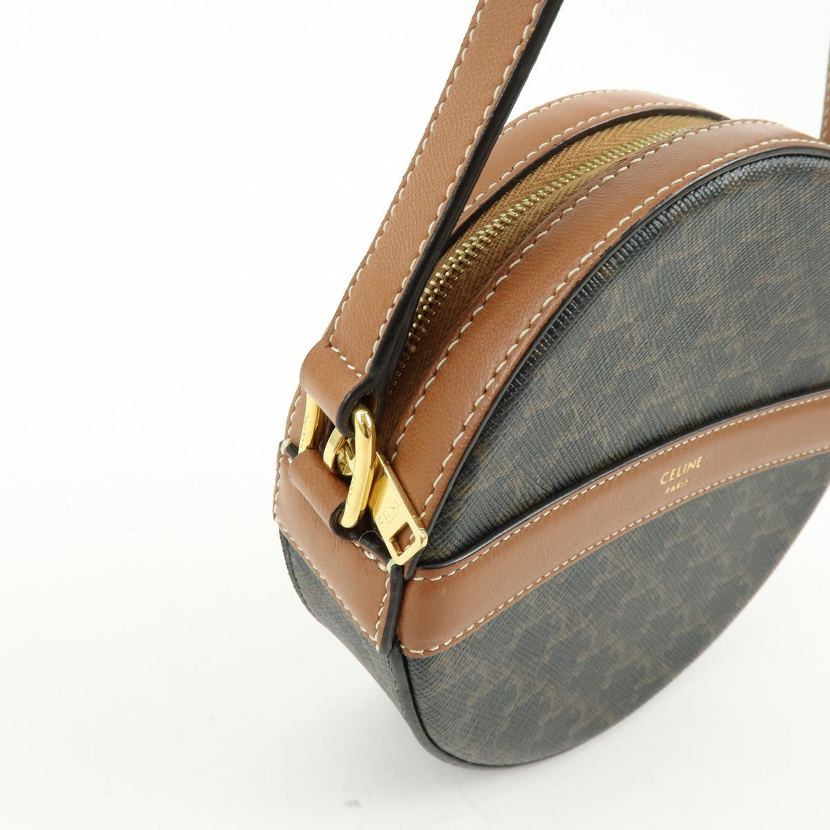 Celine Round Purse on Strap Triomphe Coated Canvas, Brown, Canvas, Crossbody Bag