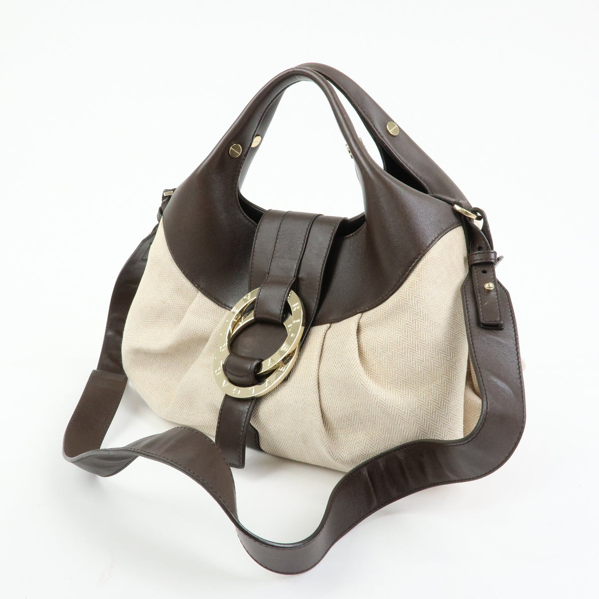 Bvlgari Chandra Hobo Canvas and Leather, Beige, Canvas, Shoulder Bag