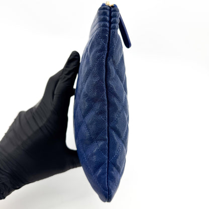 Chanel Boy O Case Clutch Quilted Caviar, Blue, Leather, Clutch