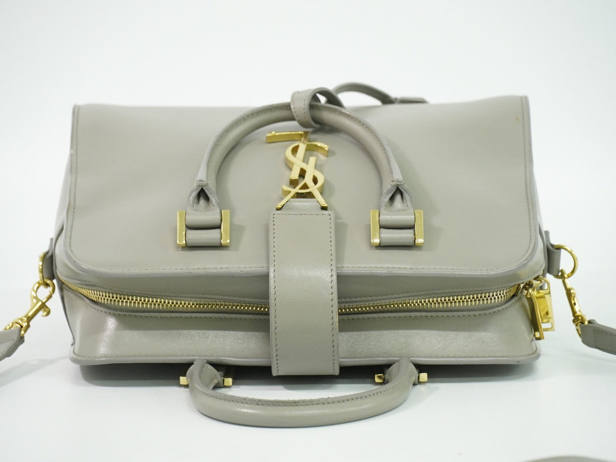 Saint Laurent Monogram Cabas Leather, Gray, Leather, Tote Bag