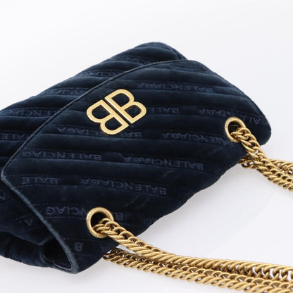 Balenciaga BB Chain Round Quilted Velvet, Navy, Velvet, Shoulder Bag