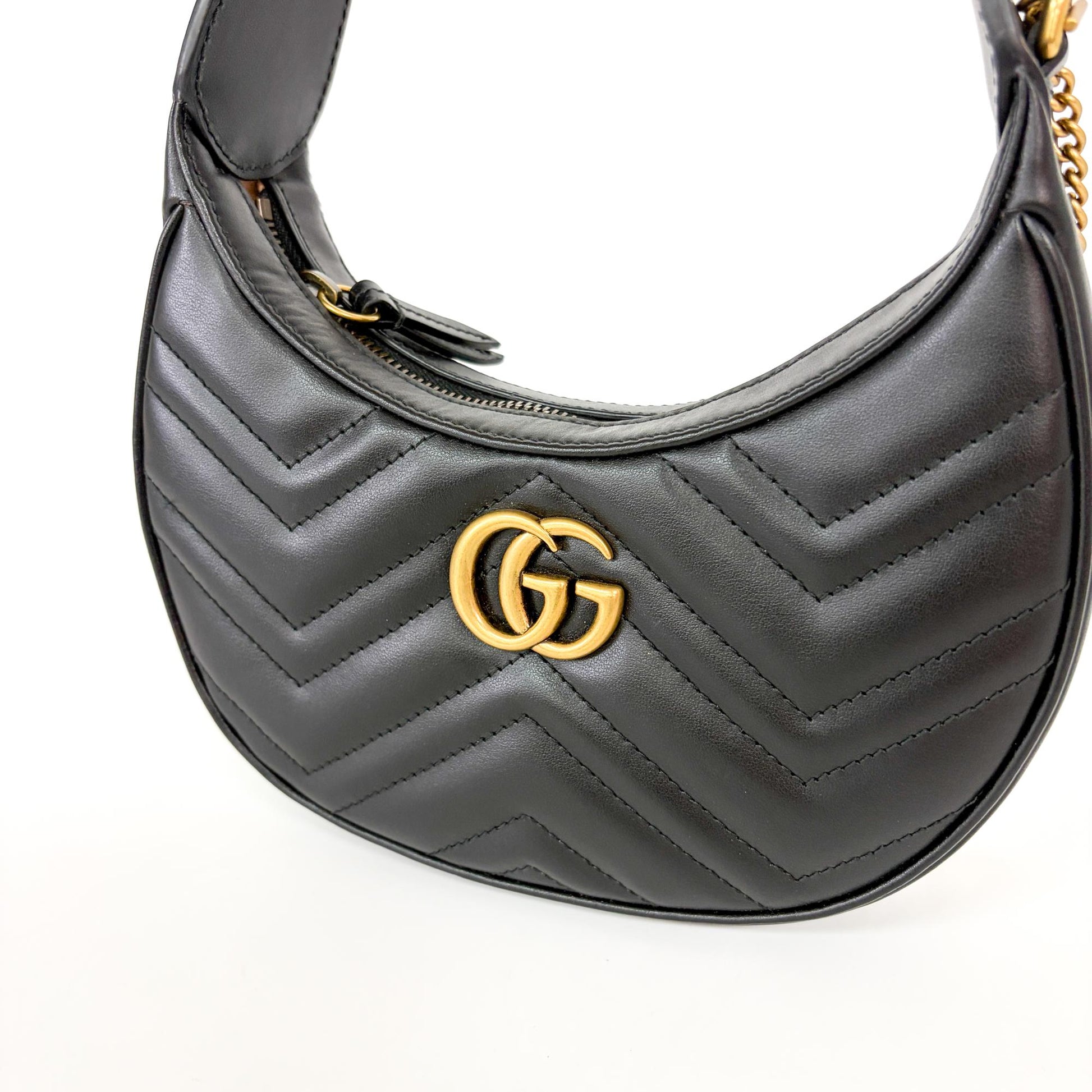 Gucci GG Marmont Half Moon Hobo Matelasse Leather, Black, Leather, Shoulder Bag