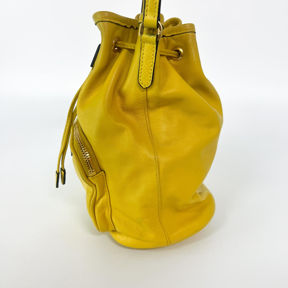 Prada Duet Drawstring Bucket Leather, Yellow, Leather, Handbag