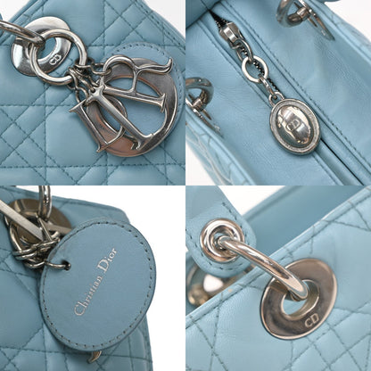 Christian Dior Lady Dior Cannage Quilt Lambskin, Blue, Leather, Handbag