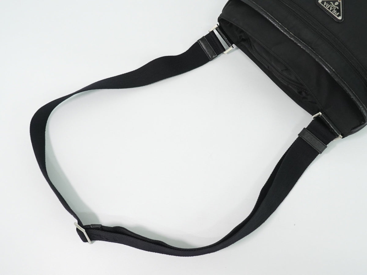 Prada Front Zip Messenger Quilted Tessuto, Black, Nylon, Shoulder Bag