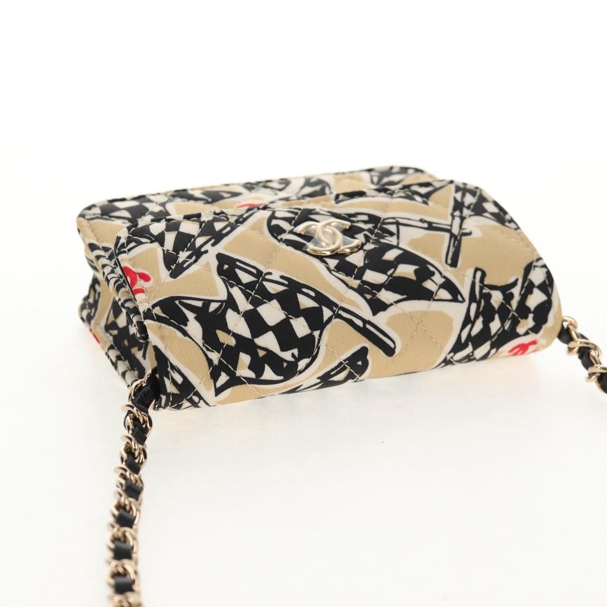 Chanel Flap Card Holder on Chain Quilted Printed Canvas, Beige, Satin, Shoulder Bag