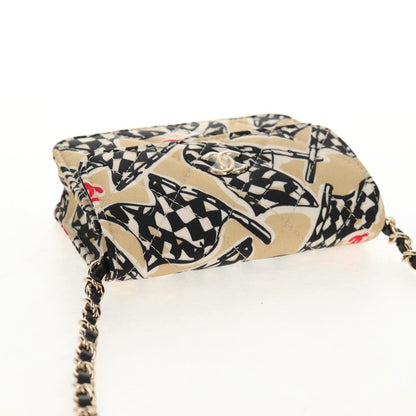 Chanel Flap Card Holder on Chain Quilted Printed Canvas, Beige, Satin, Shoulder Bag