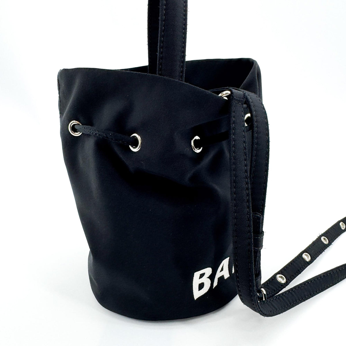 Balenciaga Wheel Drawstring Bucket Nylon, Black, Canvas, Handbag