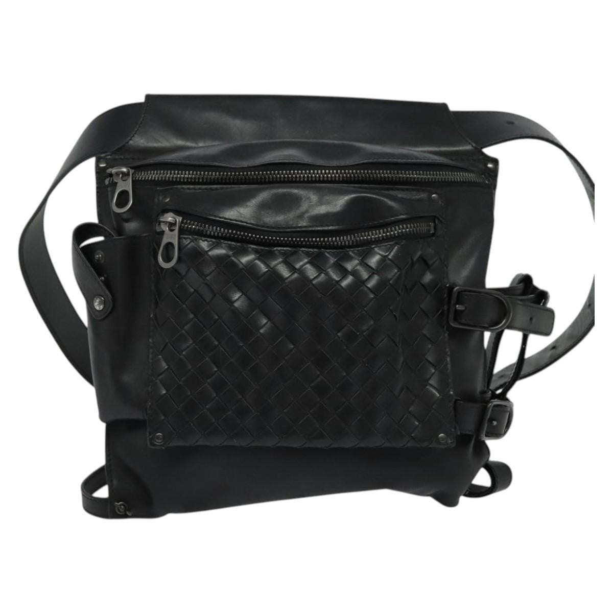 Bottega Veneta Utility Waist Leather with Intrecciato, Black, Leather, Shoulder Bag