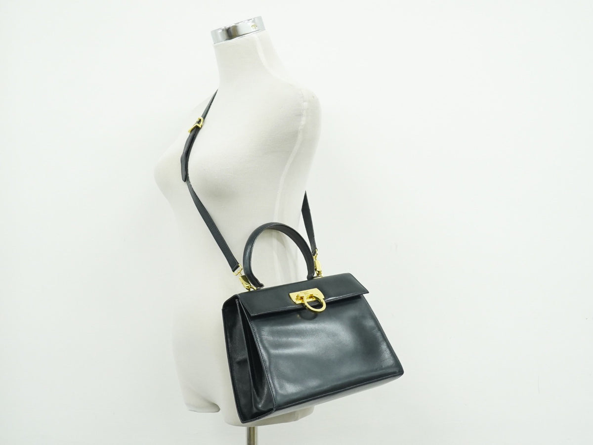 Salvatore Ferragamo Convertible Top Handle Leather, Navy, Leather, Handbag