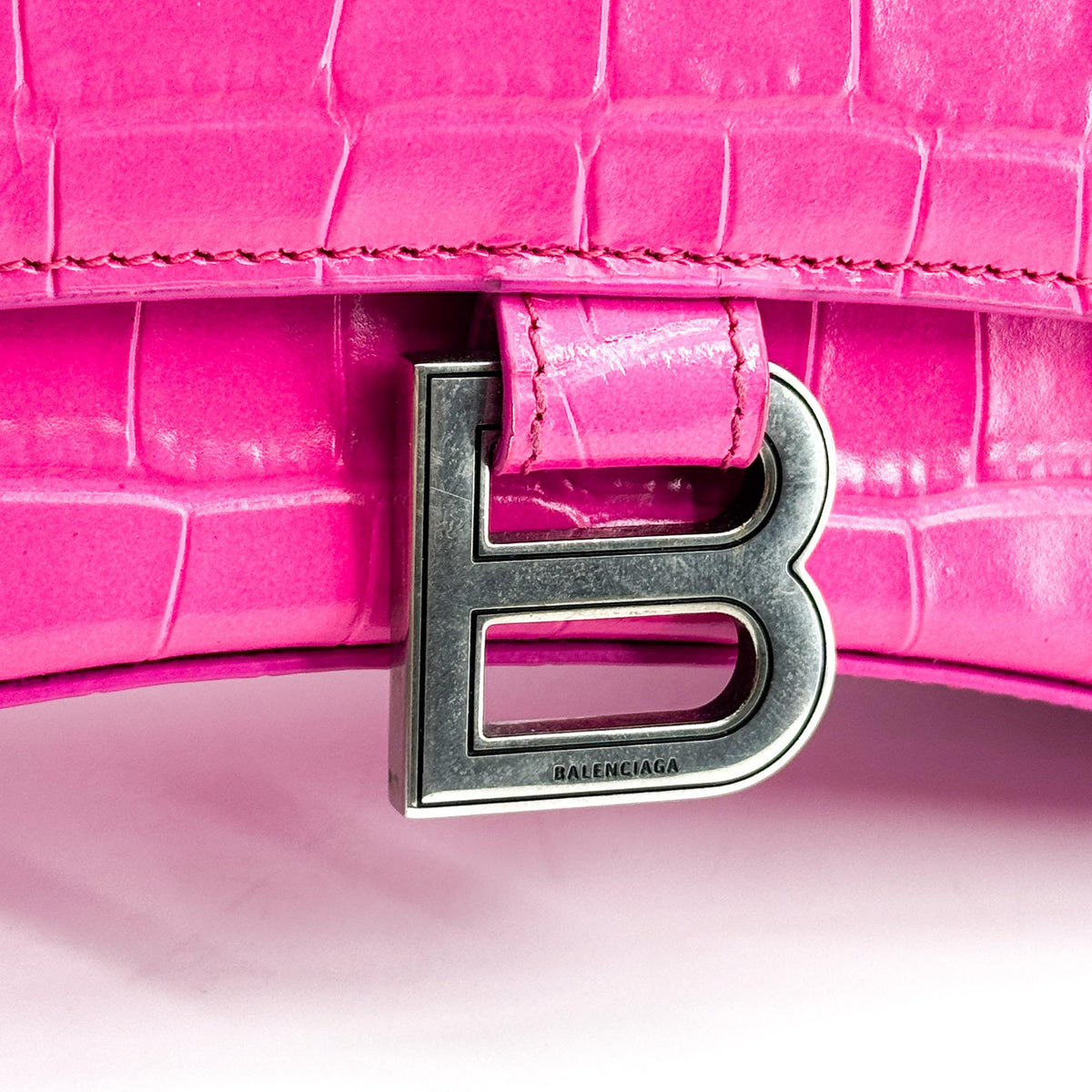 Balenciaga Hourglass Top Handle Crocodile Embossed Leather, Pink, Leather, Handbag